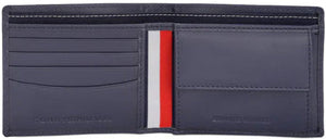 Navy leather wallet with red and white stripe on a black background