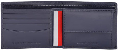 Navy leather wallet with red and white stripe on a black background