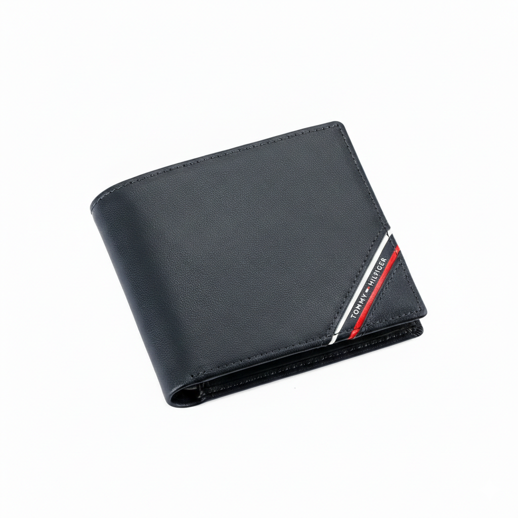 Front view of Tommy Hilfiger navy blue men's wallet highlighting smooth leather and signature diagonal stripe corner detail
