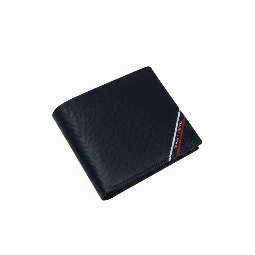 Interior view of Tommy Hilfiger navy blue leather wallet displaying card slots and the signature diagonal stripe wrapping around the bottom edge