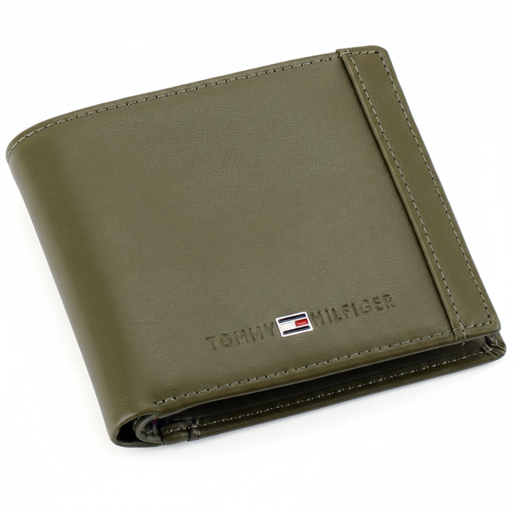 Perspective view of a Tommy Hilfiger men's olive green genuine leather wallet highlighting the smooth texture and classic bifold design