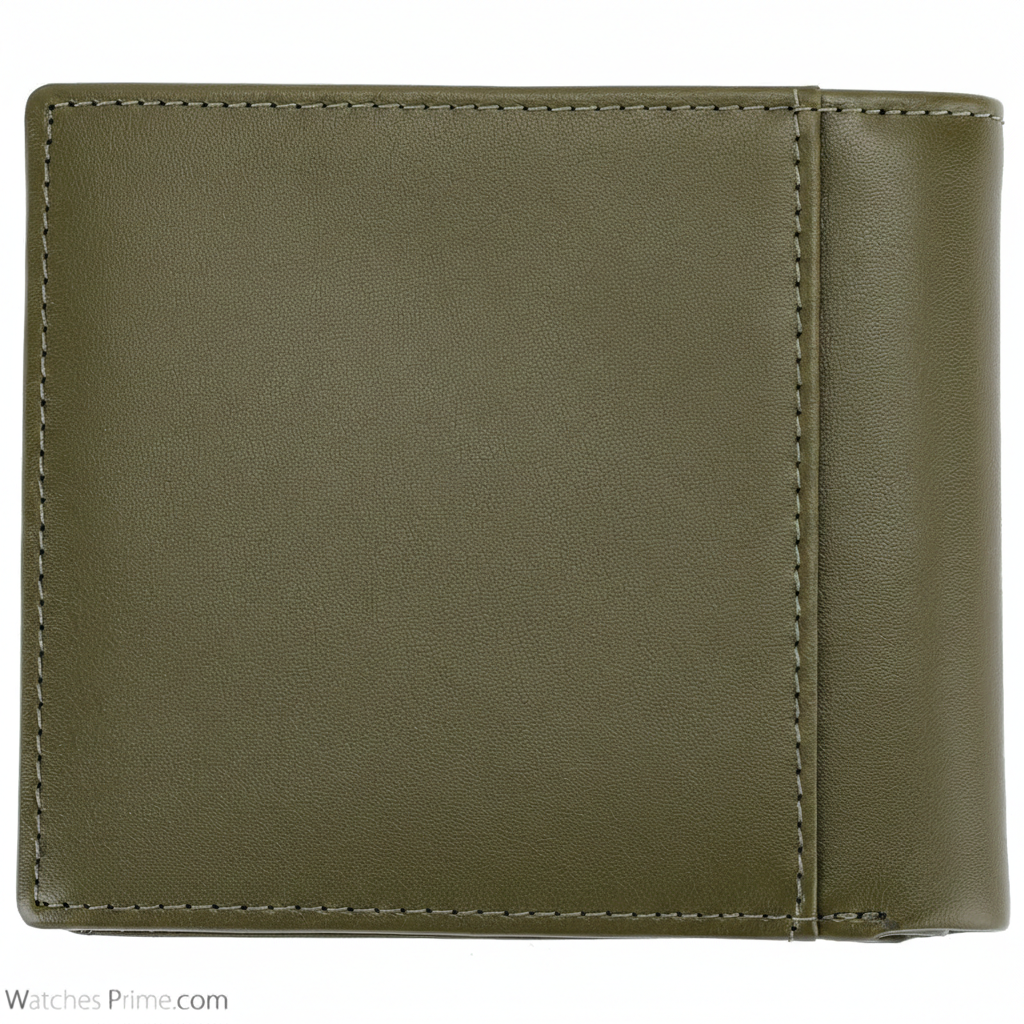 Rear view of a Tommy Hilfiger men's olive green genuine leather wallet highlighting the smooth texture and premium stitching