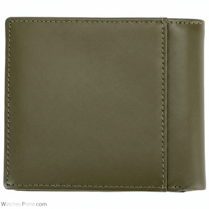Rear view of a Tommy Hilfiger men's olive green genuine leather wallet highlighting the smooth texture and premium stitching