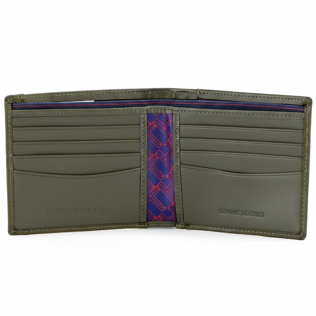 Interior view of a Tommy Hilfiger olive green leather bifold wallet displaying multiple card slots and premium branded signature lining