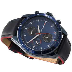 Angled shot highlighting the premium navy blue leather strap of Tommy Hilfiger 1791839