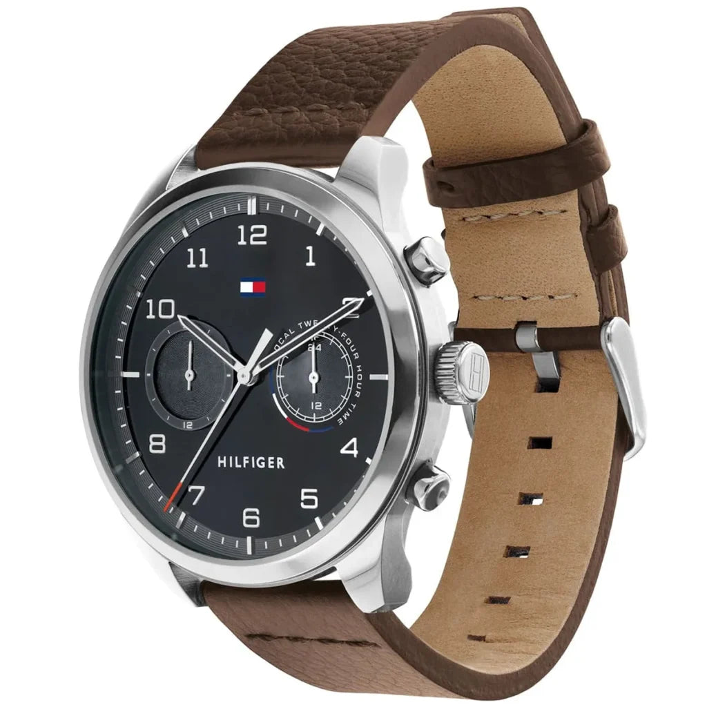 Profile view of Tommy Hilfiger Patrick showing case thickness and brown leather strap