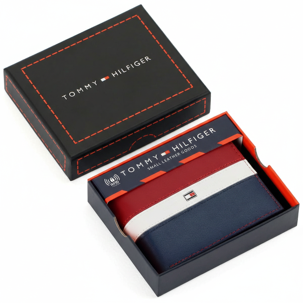 Tommy Hilfiger men's leather wallet featuring a striking red, white, and navy blue horizontal color-block design, presented inside its original gift box