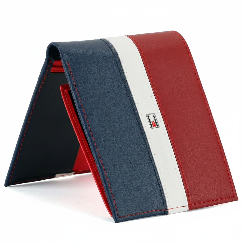 Perspective view of a standing Tommy Hilfiger men's leather wallet showcasing a bold horizontal red, white, and navy blue stripe design with an enamel flag logo