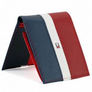 Perspective view of a standing Tommy Hilfiger men's leather wallet showcasing a bold horizontal red, white, and navy blue stripe design with an enamel flag logo
