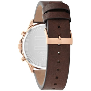 Angled shot highlighting the brown leather strap with signature stitching of Tommy Hilfiger 1710497