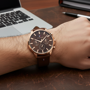 Close up of brown sunray dial and multi-function sub-dials of Tommy Hilfiger 1710497
