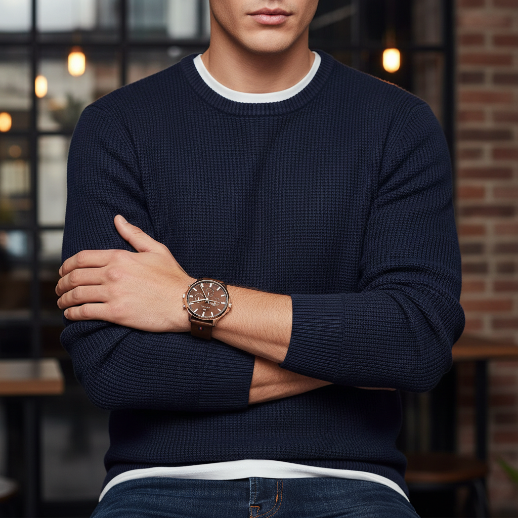 Man wearing elegant Tommy Hilfiger Ryder 1710497 watch with brown leather strap