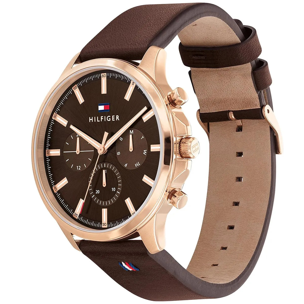 Right side view of Tommy Hilfiger 1710497 showing rose gold stainless steel case