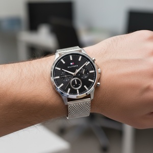 Close up of black sunray dial and multi-function sub-dials of Tommy Hilfiger 1710498