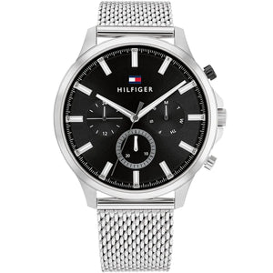 Tommy Hilfiger Ryder 1710498 men's watch silver case silver mesh bracelet black dial