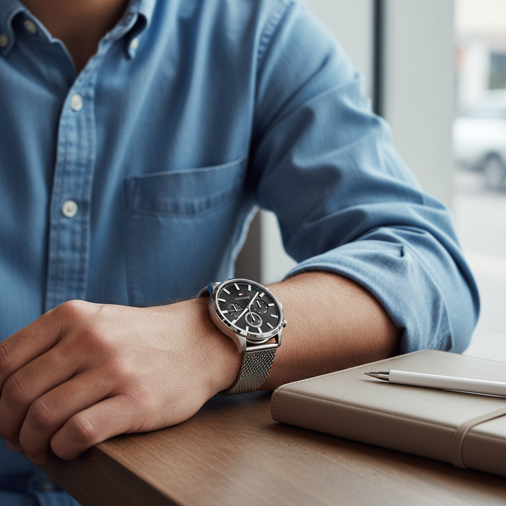 Man wearing sleek Tommy Hilfiger Ryder 1710498 watch with silver mesh bracelet