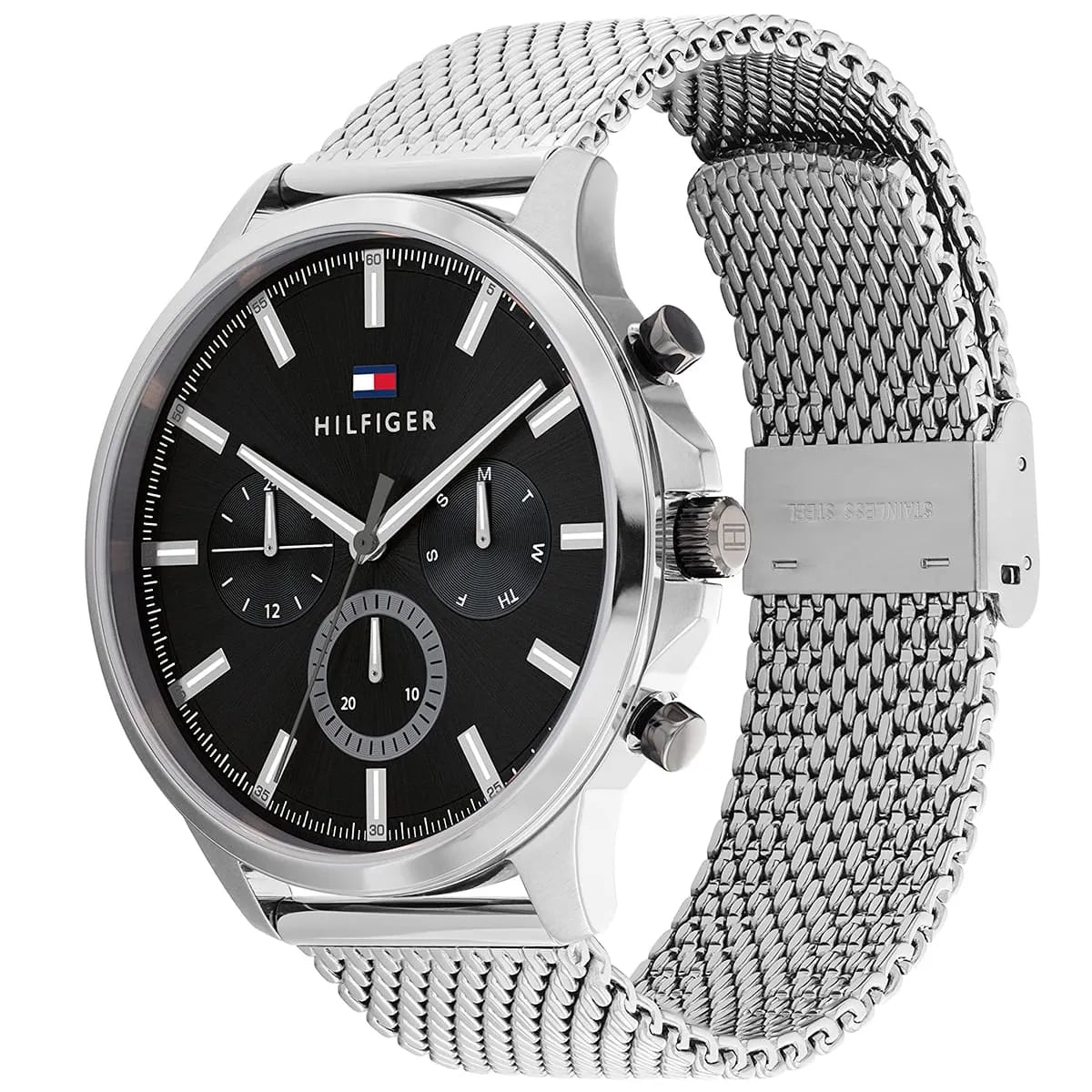 Right side view of Tommy Hilfiger 1710498 showing silver stainless steel case
