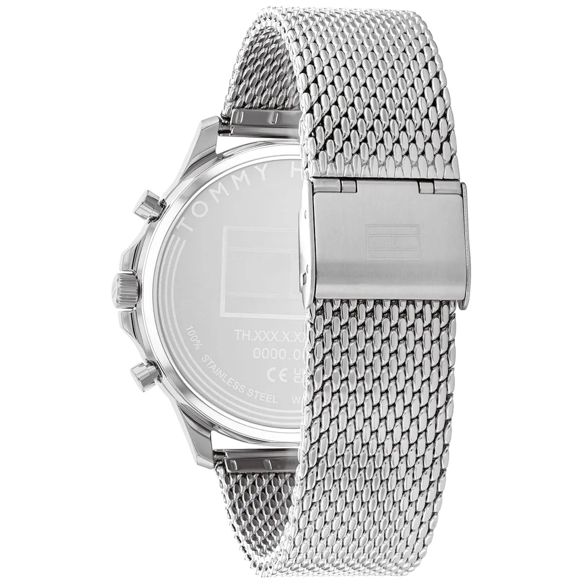 Angled shot highlighting the silver stainless steel mesh bracelet of Tommy Hilfiger 1710499