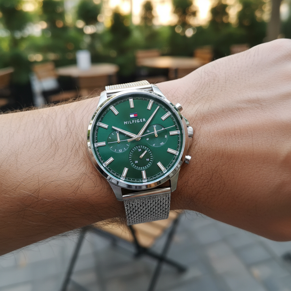 Close up of green sunray dial and multi-function sub-dials of Tommy Hilfiger 1710499