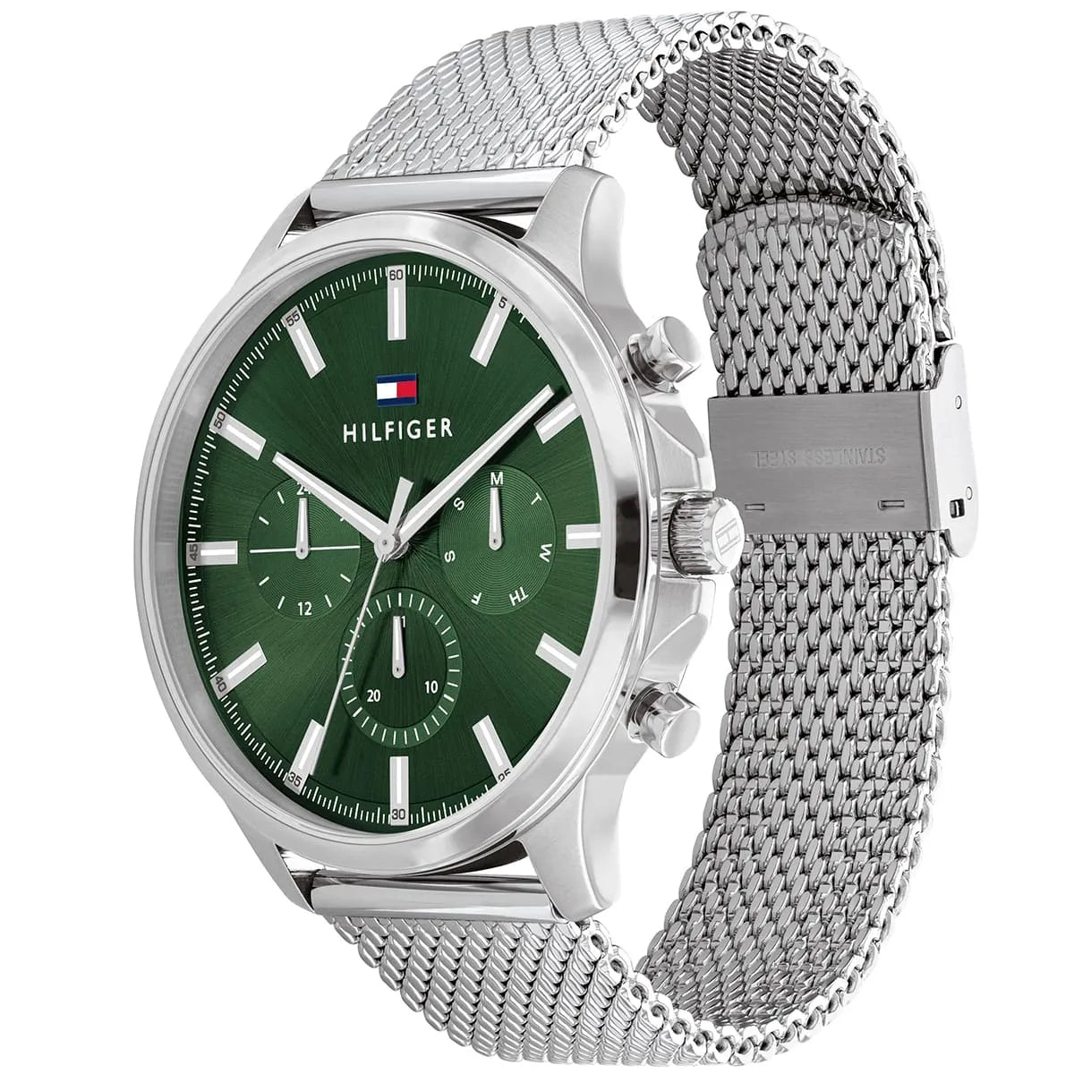 Profile view of Tommy Hilfiger Ryder showing case thickness and mesh bracelet