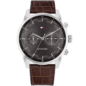Tommy Hilfiger Sawyer 1710422 men's watch silver case brown leather dark gray dial