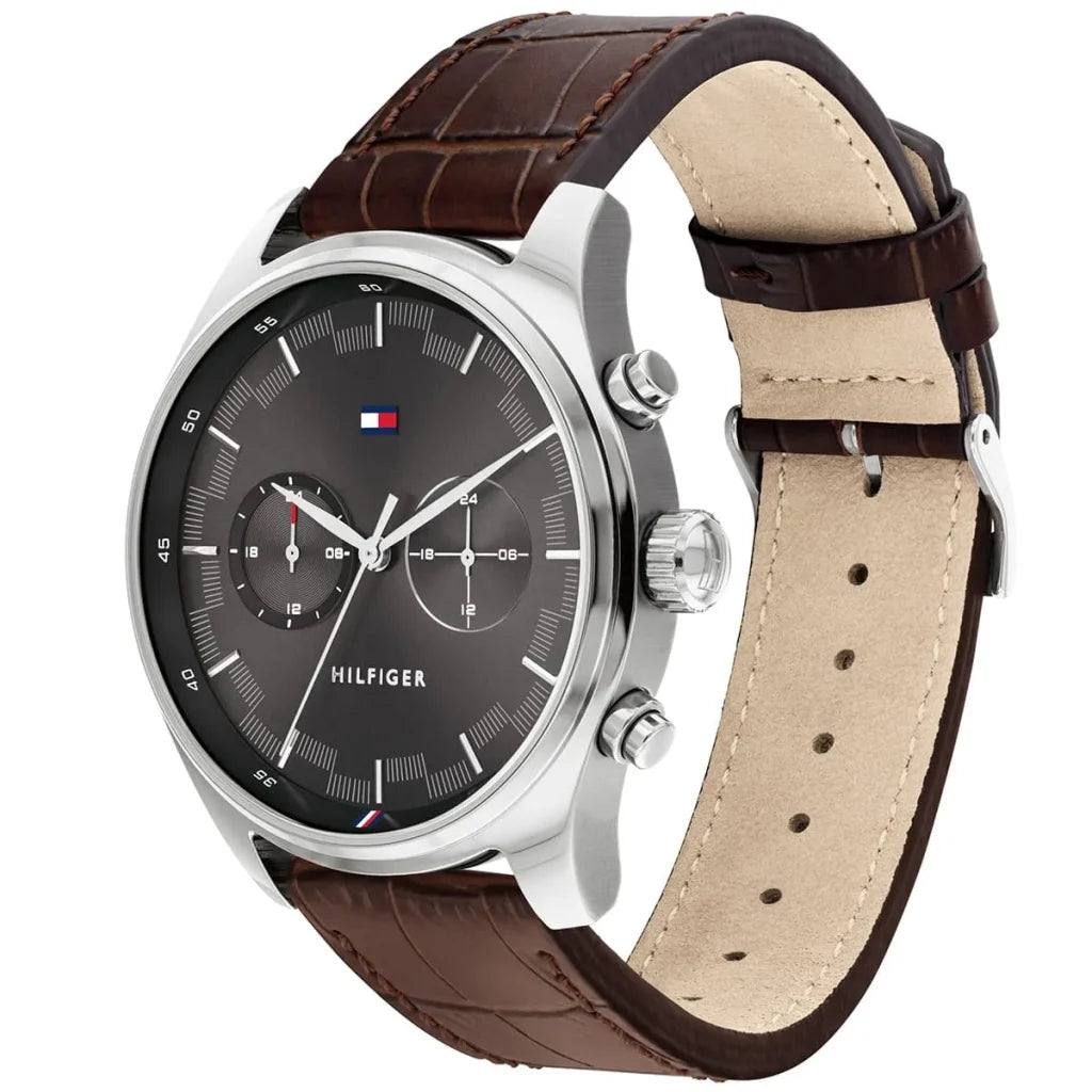 Profile view of Tommy Hilfiger Sawyer showing slim case thickness and brown leather strap