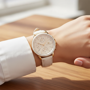 Close up of beige sunray dial and gold-tone sub-dials of Tommy Hilfiger 1781789