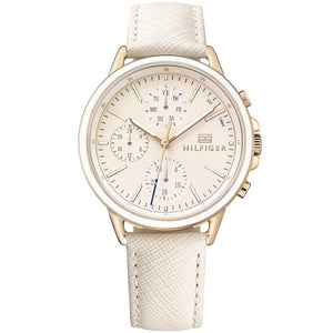 Tommy Hilfiger Shawn 1781789 women's watch gold case white saffiano leather strap beige dial