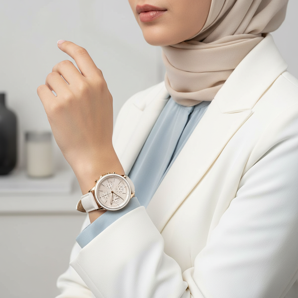 Woman wearing elegant Tommy Hilfiger Shawn 1781789 watch with white leather strap