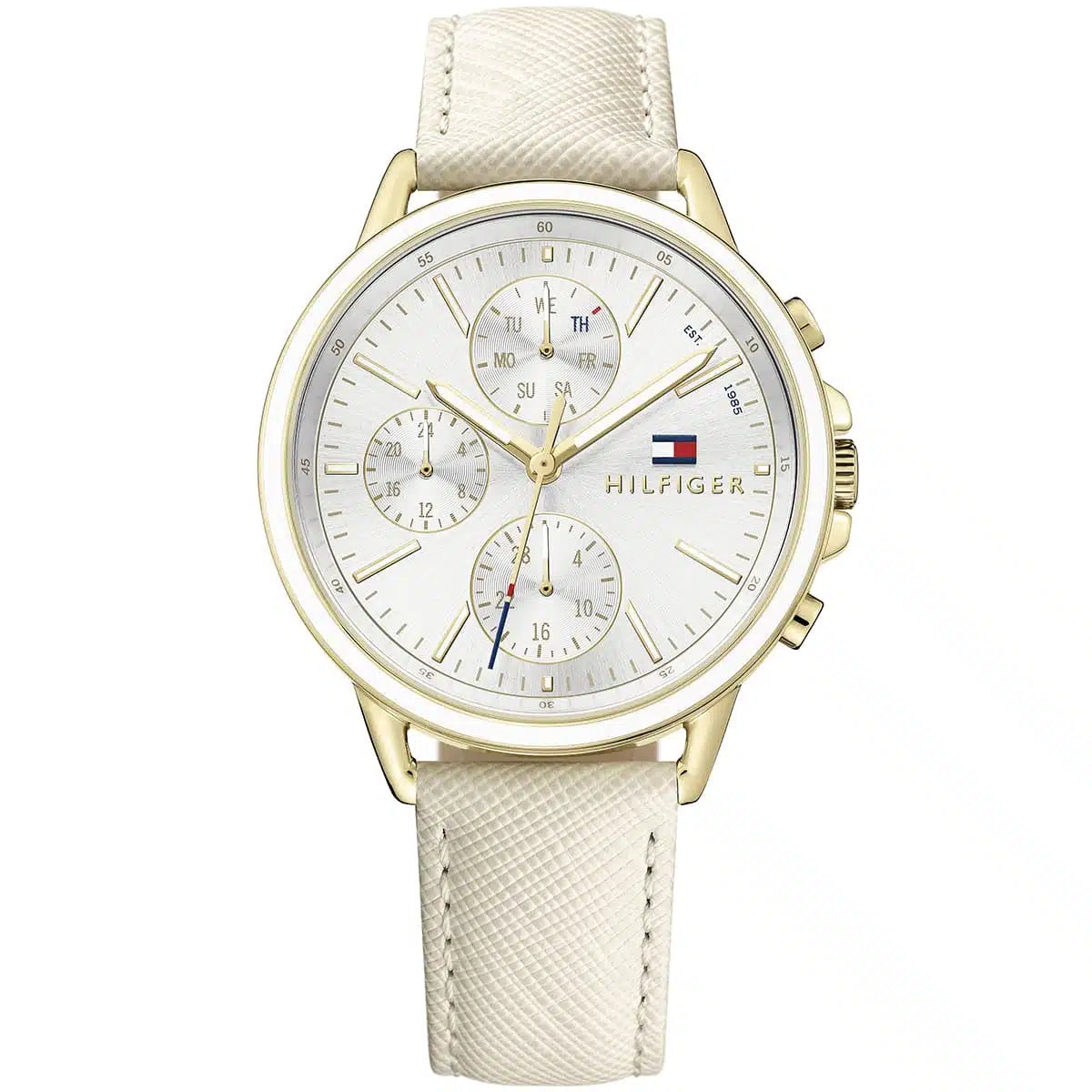 Tommy Hilfiger Shawn 1781790 women's watch gold case white saffiano leather strap silver dial