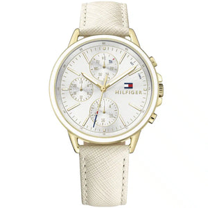 Tommy Hilfiger Shawn 1781790 women's watch gold case white saffiano leather strap silver dial