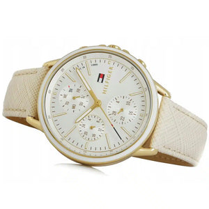 Profile view of Tommy Hilfiger Shawn showing case thickness and white saffiano strap