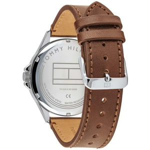 Angled shot highlighting the premium brown leather strap of Tommy Hilfiger 1791614