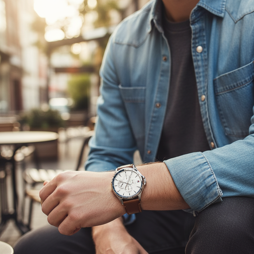 Man wearing modern Tommy Hilfiger Shawn 1791614 watch with brown leather strap