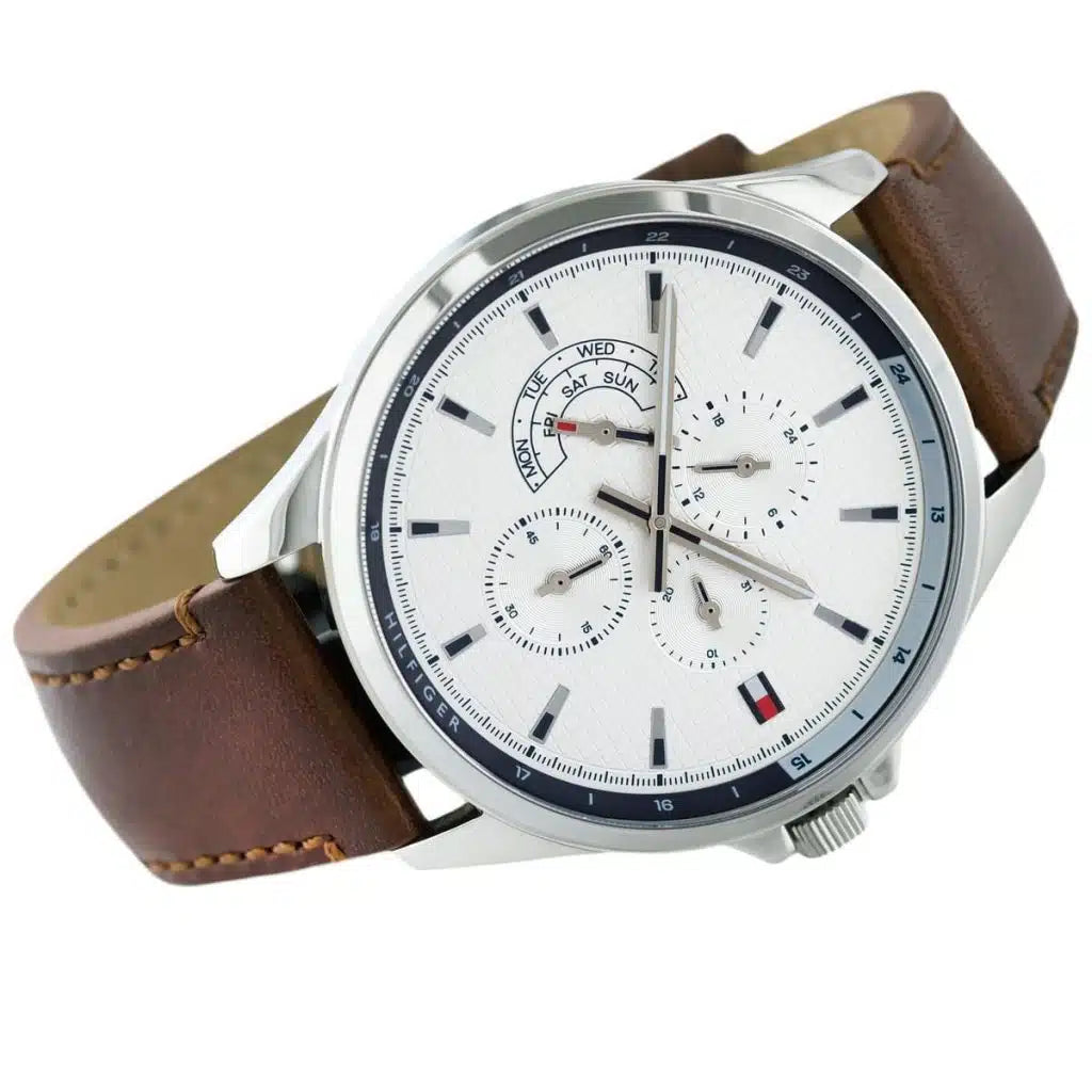 Profile view of Tommy Hilfiger Shawn showing case thickness and brown leather strap