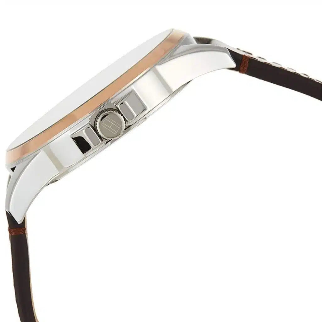 Profile view of Tommy Hilfiger Shawn showing case thickness and brown leather strap