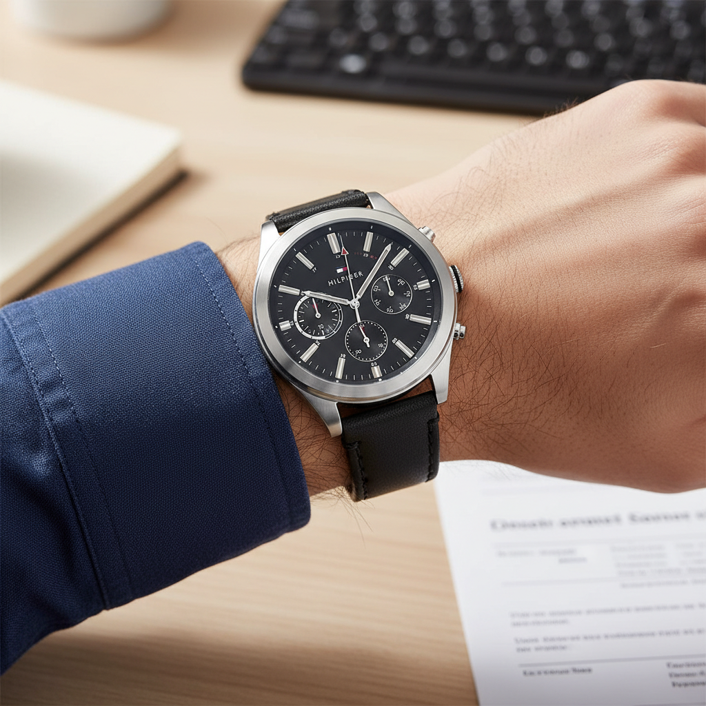 Close up of navy blue dial and silver markers of Tommy Hilfiger 1791740