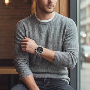 Man wearing bold Tommy Hilfiger Shawn 1791805 sport watch with silver steel bracelet