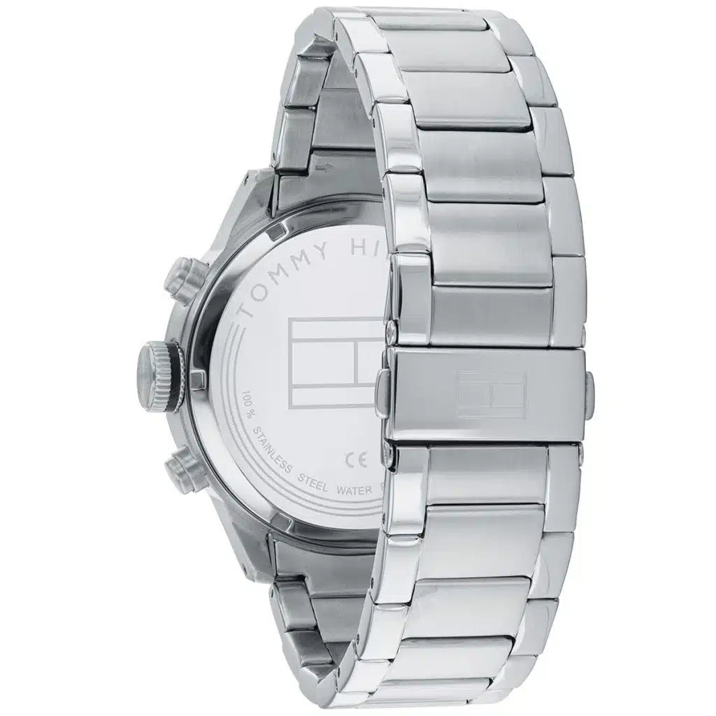 Profile view of Tommy Hilfiger Shawn showing case thickness and triple-link bracelet