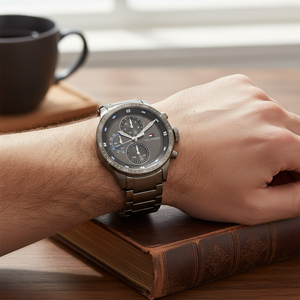 Close up of black sunray dial and blue sub-dial accents of Tommy Hilfiger 1791806