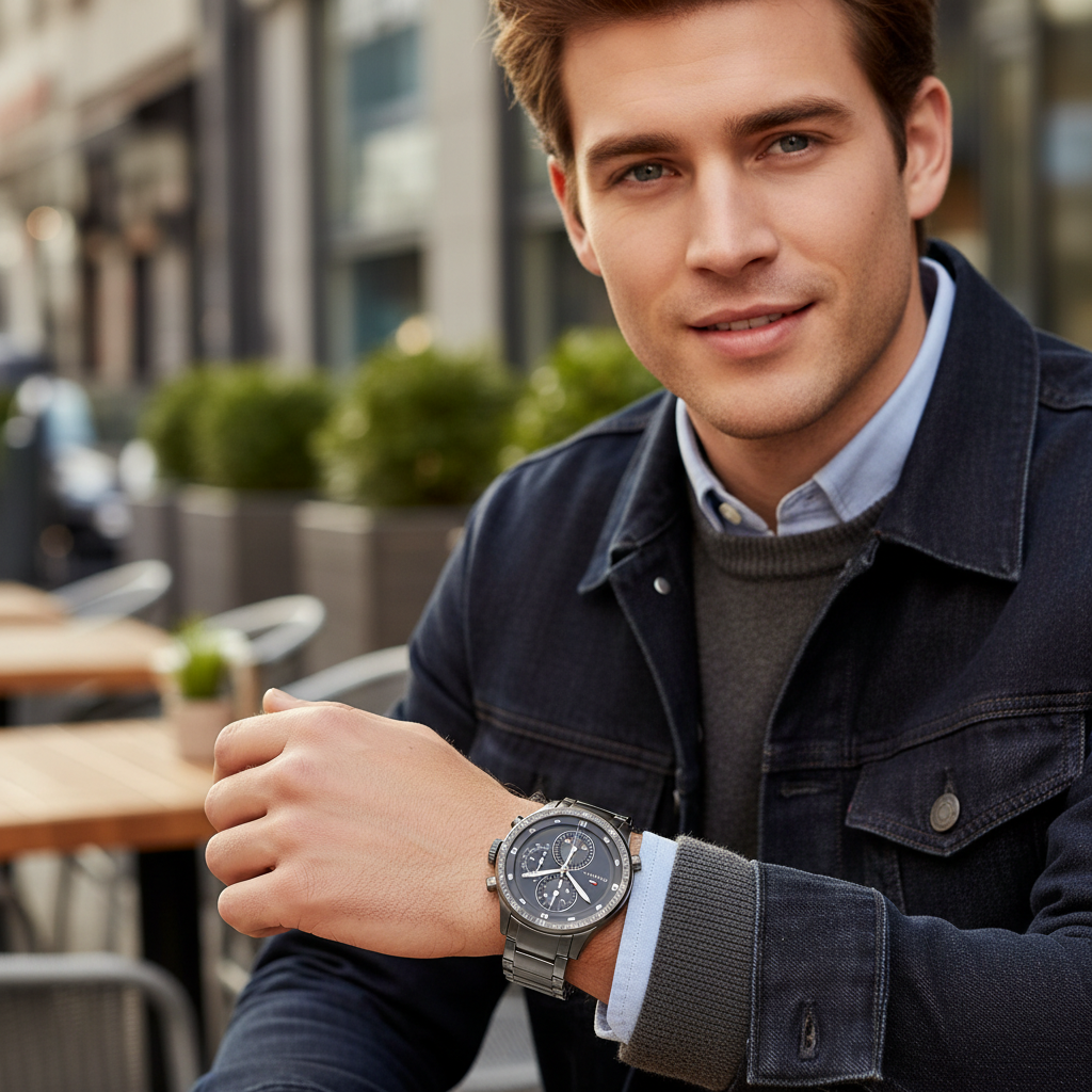 Man wearing bold gunmetal Tommy Hilfiger Shawn 1791806 watch with steel bracelet