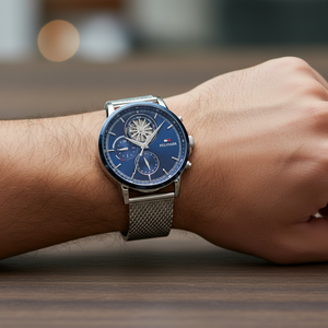 Close up of navy dial and skeleton window showing movement gears of Tommy Hilfiger 1710609