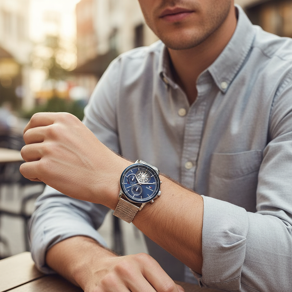 Man wearing contemporary Tommy Hilfiger Stewart 1710609 watch with silver mesh bracelet
