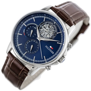 Angled shot highlighting the brown croc-embossed leather strap of Tommy Hilfiger 1710629