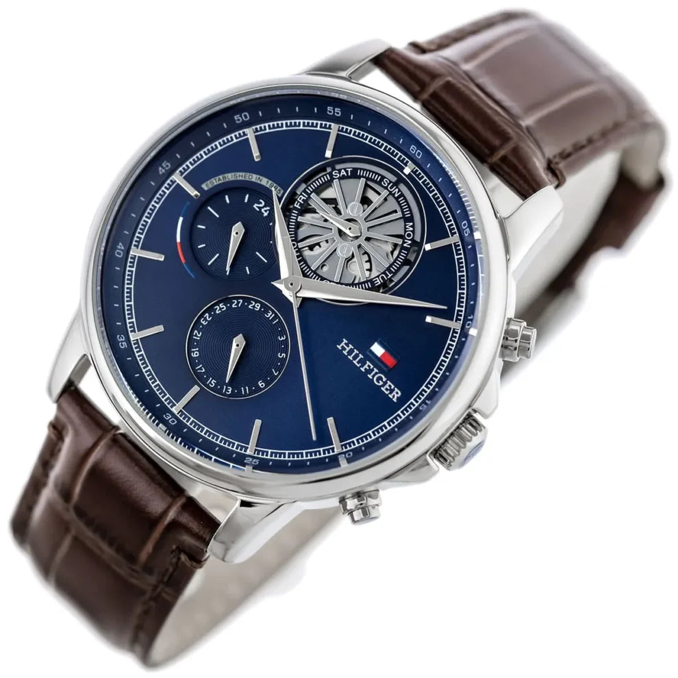 Angled shot highlighting the brown croc-embossed leather strap of Tommy Hilfiger 1710629