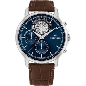 Tommy Hilfiger Stewart 1710629 men's watch silver case brown leather strap navy dial