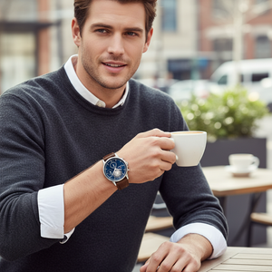 Man wearing prestigious Tommy Hilfiger Stewart 1710629 watch with brown leather strap