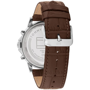 Profile view of Tommy Hilfiger Stewart showing case thickness and brown leather strap