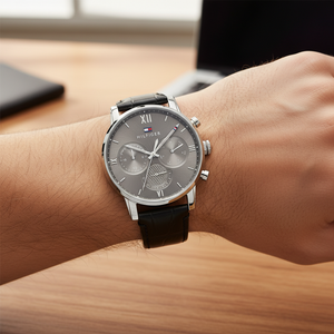 Close up of gray textured dial and Roman numeral markers of Tommy Hilfiger 1791883