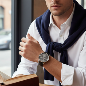 Man wearing elegant Tommy Hilfiger Sullivan 1791883 watch with black leather strap